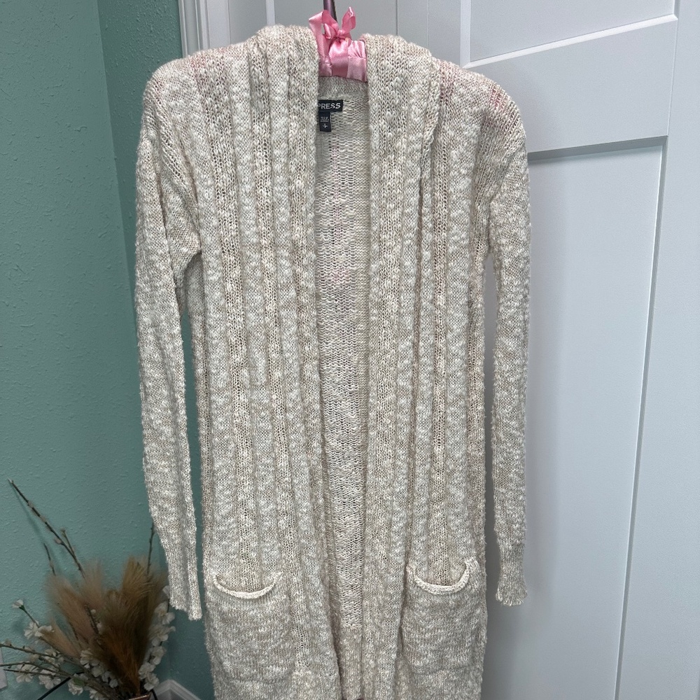 Express Cream Knit Open Front Duster Cardigan Small front pockets